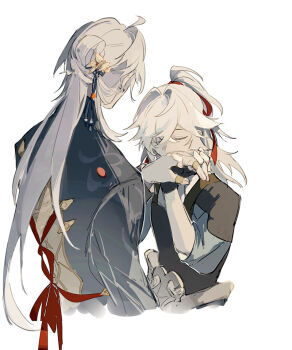 2boys age_difference aged_down armor bandages black_gloves chinese_clothes closed_eyes cropped_torso gloves hair_between_eyes hair_ribbon holding_hands honkai:_star_rail honkai_(series) jing_yuan kiss kissing_hand long_hair long_sleeves male_focus mississipping multiple_boys ponytail red_ribbon ribbon simple_background upper_body white_background white_hair yaoi