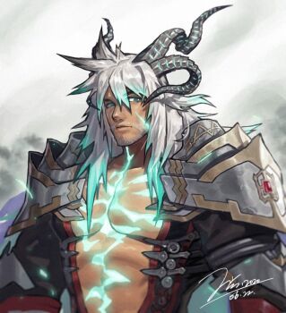 1boy abs abs_cutout alternate_facial_hair armor bara bare_pectorals beard cleavage_cutout clothing_cutout dragon_boy dragon_horns facial_hair fate/apocrypha fate/grand_order fate_(series) glowing green_eyes horns jin_(sirius-j) large_pectorals long_hair looking_at_viewer male_focus muscular muscular_male pauldrons pectorals shoulder_armor sieg_(fate) siegfried_(fate) silver_hair solo stomach upper_body