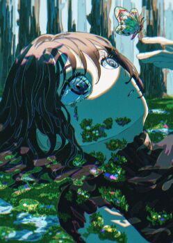 1girl absurdres black_dress brown_hair bug butterfly dress flower forest giant giantess grass highres insect moss nature original surreal sweater tears turtleneck turtleneck_sweater umiushi_(di6) upper_body water what