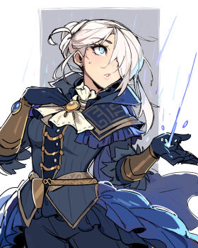 1girl almightychiru ascot blue_eyes blue_jacket blue_pants blue_skirt blue_surcoat brooch commentary duchess_(elden_ring) elden_ring elden_ring_nightreign english_commentary hair_over_one_eye highres jacket jewelry looking_up pants rain simple_background skirt solo white_ascot white_hair