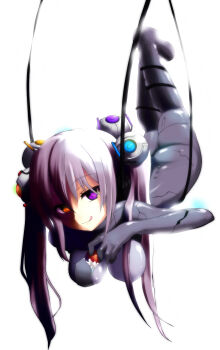 1girl :q atahuta bad_id bad_pixiv_id bodysuit breasts female_focus food glados glowing glowing_eye hanging hanging_breasts heterochromia highres long_hair orange_eyes personification portal_(series) portal_1 purple_eyes purple_hair solo spoilers tight_clothes tongue tongue_out valve whipped_cream white_background