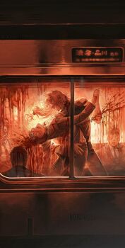 5boys blood blood_on_face blood_splatter blue_eyes blue_hair bulging_eyes dancing death guro highres horror_(theme) huli_xiaobai jujutsu_kaisen long_hair mahito_(jujutsu_kaisen) multiple_boys sitting stitched_face stitches train_interior