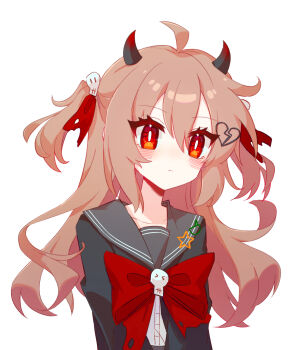 1girl ahoge black_cardigan black_horns black_sailor_collar bow bowtie broken_heart broken_heart_hair_ornament brown_hair cardigan closed_mouth commentary_request demon_horns evil_neuro-sama from_side hair_between_eyes hair_ribbon heart highres horns long_hair neuro-sama red_bow red_bowtie red_eyes red_ribbon ribbon sailor_collar simple_background solo torn_hair_ribbon two_side_up upper_body user_hmyv8473 vedal_ai virtual_youtuber white_background