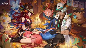 1boy 1girl absurdres bare_shoulders blue_eyes boots breasts brown_hair brown_shirt cacucu_(genshin_impact) candle candlelight chasca_(genshin_impact) cleavage closed_mouth coat commentary copyright_logo copyright_name cowboy_hat dark-skinned_male dark_skin english_commentary fingerless_gloves fingernails flower genshin_impact gloves green_eyes grey_hair hair_flower hair_ornament hand_on_another&#039;s_head hat headpat high_heel_boots high_heels highres holding id_card ifa_(genshin_impact) iktomisaurus_(genshin_impact) indoors koholasaurus_(genshin_impact) lap_pillow logo long_hair looking_at_another mole mole_on_arm multicolored_hat multiple_scars neck_tattoo official_art open_clothes open_coat open_mouth pants pointy_ears qucusaurus_(genshin_impact) scar scar_across_eye scar_on_arm scar_on_face scarf sharp_fingernails shirt short_hair shorts sitting skull sleeping sleeping_on_person smile tatankasaurus_(genshin_impact) tattoo tepetlisaurus_(genshin_impact) white_coat yumkasaurus_(genshin_impact)