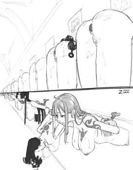 2koma 6+girls anal_beads arms_behind_back artist_name artistic_error ass bent_over boa_hancock branded breasts chained_wrists comic completely_nude cowlick cum cum_in_ass cum_in_mouth cum_in_nose cum_in_pussy cum_on_ass cum_on_body cum_on_breasts cum_on_lower_body cum_on_upper_body cum_overflow vomiting_cum cumdrip earrings female_focus foreshortening from_above from_below furrowed_brow half-closed_eyes hanging_breasts highres indoors jewelry large_breasts lineup long_hair marguerite_(one_piece) monochrome multiple_girls multiple_views nami_(one_piece) nape nico_robin nipple_piercing nipples nude one_piece piercing public_use sex_toy shoulder_tattoo slave slave_brand snake_earrings sweat tattoo vanishing_point wanted_poster zinansfw