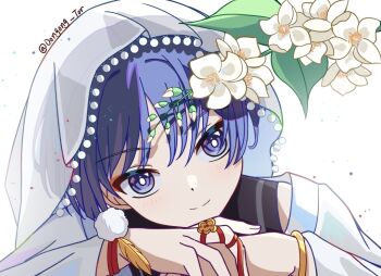 Rule 34 | 1boy, alternate headwear, black bodysuit, blunt ends, bodysuit, bright pupils, bud, choppy bangs, closed mouth, eyeliner, eyeshadow, feathers, fingernails, flower, flower ring, genshin impact, gold ring, head rest, head tilt, japanese clothes, kimono, leaf, light blush, long sleeves, looking at viewer, makeup, male focus, middle ring, plant, pom pom (clothes), purple eyes, purple hair, red eyeliner, red eyeshadow, red ribbon, ribbon, ringed eyes, scaramouche (genshin impact), see-through clothes, see-through veil, shoulder peek, smile, solo, split mouth, tsurime, tututor, twitter username, veil, wanderer (genshin impact), white background, white flower, white kimono, white pupils, white sleeves, white veil, wrist ribbon, yellow feathers