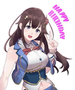 1girl bare_shoulders blue_eyes blue_vest brown_eyes brown_hair collared_shirt commentary_request cropped_vest dress_shirt english_text hair_ornament happy_birthday highres hololive looking_at_viewer midriff mstm navel open_clothes open_mouth open_vest shirt sleeveless sleeveless_shirt solo star_(symbol) star_hair_ornament tokino_sora tokino_sora_(1st_costume) v vest virtual_youtuber white_shirt wing_collar wrist_cuffs