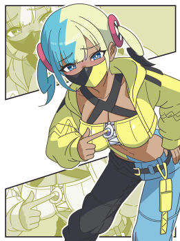 1girl aqua_hair belt blonde_hair blue_eyes breasts canari_(pokemon) cleavage cropped_jacket dark-skinned_female dark_skin highres index_finger_raised jacket kanbei_(pixiv11037490) large_breasts looking_at_viewer mask midriff mouth_mask multicolored_hair navel nintendo pants pokemon pokemon_legends:_z-a split-color_hair stomach twintails two-tone_pants yellow_jacket zipper_pull_tab zoom_layer