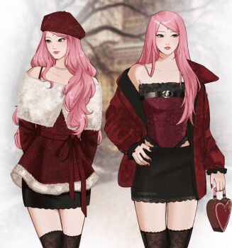 1girl alternate_costume alternate_hairstyle arms_behind_back artist_name bag belt_ribbon beret black_fur black_skirt black_thighhighs blurry blurry_background border bra_strap bustier chest_belt closed_mouth commentary cowboy_shot crossed_legs eyelashes facial_mark fading_border fashion fingernails forehead_mark french_girly frilled_bustier frilled_sleeves frills fur-trimmed_bustier fur-trimmed_jacket fur_trim glitter green_eyes hair_over_shoulder hand_on_own_hip haruno_sakura hashtag-only_commentary hat heart-shaped_bag highres holding holding_bag jacket jacket_partially_removed lace lace-trimmed_skirt lace_print lace_thighhighs lace_trim leather leather_jacket light_smile long_fingernails looking_to_the_side multiple_views naruto_(series) off-shoulder_jacket off_shoulder open_clothes open_jacket outside_border pearl_choker photo_background red_bag red_bustier red_hat red_jacket red_nails red_ribbon ribbon skirt straight_hair strapless swept_bangs symbol-only_commentary tenartistt thighhighs watermark watson_cross white_border y2k_fashion