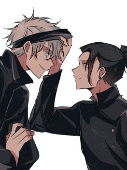 2boys 7vnv80u3y0gjhmr aqua_eyes black_hair black_jacket blindfold blindfold_lift crossed_arms getou_suguru gojou_satoru grey_eyes grey_hair hair_between_eyes hair_bun highres jacket jujutsu_kaisen jujutsu_tech_uniform looking_at_another male_focus multiple_boys parted_lips plug_(piercing) short_hair smile sweat updo white_background