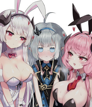 3girls :i absurdres ahoge animal_ear_hairband animal_ears bernina_(stella_sora) between_breasts black_dress black_gloves black_leotard black_ribbon blue_dress blue_eyes blush bow bowtie breasts cleavage coat_dress commentary_request cross-laced_clothes cross-laced_leotard demon_girl demon_horns detached_collar dress fake_animal_ears fang female_tyrant_(stella_sora) flat_chest gloves grey_hair hair_intakes hairband hand_on_another&#039;s_shoulder heart highres horns jewelry jitome key key_necklace large_breasts layered_dress leotard long_hair looking_at_another low_twintails multiple_girls neck_ribbon necklace necktie necktie_between_breasts nervous_sweating official_alternate_costume open_mouth pink_hair playboy_bunny pointy_ears rabbit_ears red_bow red_bowtie red_eyes red_necktie ribbon shi3yin1 skin_fang sleeveless sleeveless_dress smile solid_circle_eyes steaming_body stella_sora sweat traditional_bowtie twintails tyrant_(stella_sora) very_long_hair virigia_(stella_sora) white_hair white_leotard wrist_cuffs