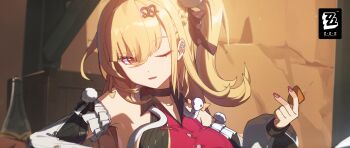 Rule 34 | 1girl, bare shoulders, blonde hair, chalky (zenless zone zero), cissia (zenless zone zero), detached sleeves, fingernails, food, hair between eyes, hair ornament, highres, holding, holding food, long hair, nail polish, official art, one eye closed, one side up, open mouth, pink nails, pom pom (clothes), pom pom hair ornament, red eyes, snake, white snake, zenless zone zero
