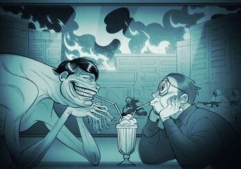 5boys black_hair black_shirt building collared_shirt devillefort drinking_straw drinking_straw_in_mouth facial_hair fire fleeing gas_mask glasses goatee green_theme grin gun hazmat_suit head_rest highres holding holding_gun holding_weapon intruder_(no_i&#039;m_not_a_human) light_rays long_hair looking_at_another male_focus mask milkshake multiple_boys no_i&#039;m_not_a_human parody reporter_(no_i&#039;m_not_a_human) shirt short_hair smile teeth topless_male weapon