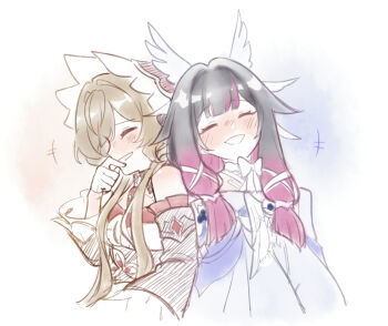 +++ 2girls :d ^_^ akira_kgkw bare_shoulders black_collar black_hair black_sleeves blush bonnet bow bowtie breasts brown_hair closed_eyes collar columbina_(genshin_impact) commentary detached_sleeves dress genshin_impact gloves gradient_hair hair_ornament hand_to_own_mouth happy head_wings headdress highres laughing long_hair long_sidelocks long_sleeves multicolored_hair multiple_girls multiple_wings open_mouth purple_hair purple_streaks ribbon sandrone_(genshin_impact) short_hair short_hair_with_long_locks sidelocks simple_background smile streaked_hair two-tone_hair untranslatable_commentary very_long_hair white_background white_dress white_headdress white_wings wing_hair_ornament wings