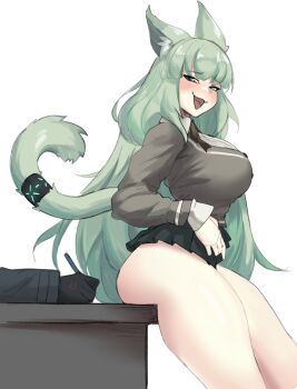 1girl :d anger_vein animal_ears arknights bare_legs black_skirt breasts cat_ears cat_girl cat_tail collared_shirt desk fang green_eyes green_hair harmonie_(arknights) highres large_breasts long_hair long_sleeves on_desk open_mouth radioneet shirt sitting skirt smile solo_focus tail very_long_hair