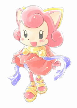 1girl action_replay animal animal_ears black_eyes blush blush_stickers cat cat_ears cat_girl dress furry long_sleeves looking_at_viewer open_mouth pink_fur pink_hair pro_action_replay purple_ribbon red_dress ribbon sandals short_hair smile standing white_background yamanokonza yellow_sandals