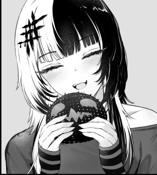 1girl alternate_costume blunt_bangs blush closed_eyes commentary english_commentary facing_viewer greyscale hair_ornament highres holding hololive hololive_english karu_(karusenpai) long_hair monochrome multicolored_hair off_shoulder open_mouth shiori_novella shirt simple_background smile solo split-color_hair striped_arm_warmers t-shirt two-tone_hair upper_body virtual_youtuber yorick_(shiori_novella)