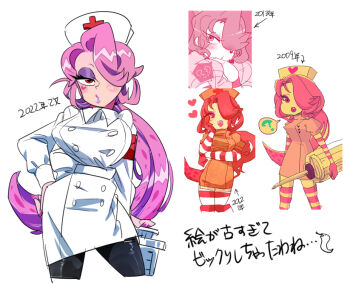 Rule 34 | 1girl, armband, black pantyhose, breasts, button dress, catherine (gregory horror show), collared dress, commentary request, cross, curtained hair, dated, dress, eyeshadow, facial mark, flipped bangs, gloves, gregory horror show, hair over one eye, half-closed eyes, hand on own hip, hat, heart, heart facial mark, heart on cheek, holding, holding syringe, humanization, large breasts, large syringe, long hair, long sleeves, looking at viewer, low ponytail, makeup, marking on cheek, needle, nurse, nurse cap, nurse dress, o3o, one eye covered, oversized object, pantyhose, parted bangs, pink hair, ponytail, puckered lips, purple eyeshadow, red armband, red cross, red eyes, simple background, solo, striped clothes, striped gloves, striped thighhighs, syringe, thighhighs, translation request, uno uno, white hat, wide hips