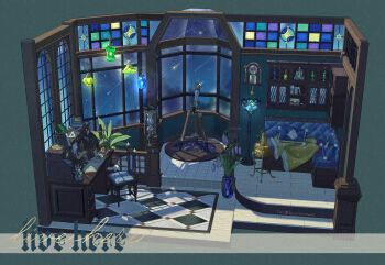 absurdres baiyinan book bookshelf cabinet chair chinese_commentary clock commentary_request concept_art couch cushion desk desk_lamp diorama drawer electric_kettle envelope floor_lamp flower hanging_light highres indoors kettle lamp leaf meteor_shower night night_sky no_humans open_drawer original paper pen pendulum pendulum_clock pillow plant potted_plant ruler scenery set_square shooting_star sky stained_glass star_(sky) star_(symbol) star_print starry_sky still_life telescope tile_floor tiles twitter_username vase wall_clock window wooden_chair