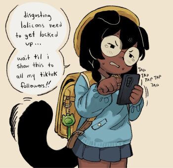 1girl animal_ears artist_self-insert backpack bag black_eyes black_hair cat_ears cat_tail cellphone child commentary cowboy_shot crime_prevention_buzzer dark-skinned_female dark_skin english_text floppy_ears frown glasses grey_skirt hat highres holding holding_phone kindergarten_uniform long_sleeves looking_at_phone miniskirt original phone pleated_skirt randoseru round_eyewear skirt smartphone smock snugglepuff28 solo sound_effects speech_bubble sweatdrop symbol-only_commentary tail teardrop v-shaped_eyebrows yellow_bag yellow_hat