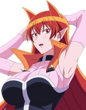 1girl armpits azazel_ameri blush breasts detached_sleeves highres large_breasts long_hair long_sleeves looking_at_viewer mairimashita!_iruma-kun makiri_akira open_mouth orange_eyes orange_hair pointy_ears simple_background solo upper_body white_background
