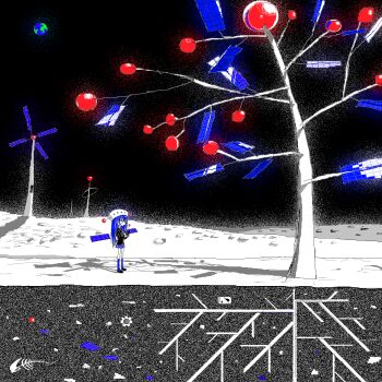 1girl antennae black_shoes black_sky black_suit bloom blue_hair blue_skirt blue_socks cross-section earth_(planet) fabit609 facing_ahead fake_antennae fish_skeleton formal_clothes full_body gears glowing hat highres long_hair miniskirt moon oekaki original own_hands_together plaid_clothes plaid_skirt planet plant_roots shadow shirt shoes skirt sky socks solo space spot_color standing suit tree white_shirt wide_shot windmill