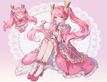 1girl absurdres alternate_costume bow bowtie buttons center_frills cherry_blossom_print cherry_blossoms chibi closed_mouth collared_dress dot_nose dress enmaided eyelashes floral_print flower food frilled_dress frilled_socks frilled_wrist_cuffs frills gradient_background hair_between_eyes hair_flower hair_ornament hand_on_own_cheek hand_on_own_face hatsune_miku high_heels highres holding holding_spoon knees_up leaf light_blush loose_hair_strand maid medium_dress memory_mie multiple_views open_mouth pink_background pink_bow pink_bowtie pink_dress pink_eyes pink_flower pink_shoes puffy_short_sleeves puffy_sleeves pumps ribbon-trimmed_socks ribbon_trim sakura_miku shoes short_sleeves sitting smile socks solid_oval_eyes spoon twintails vocaloid white_socks white_wrist_cuffs wrist_cuffs