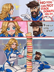 beard bed bodysuit donut facial_hair fantastic_four food highres husband_and_wife implied_erection marvel marvel_rivals neggoartz on_bed pout reed_richards speech_bubble sue_storm