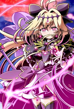 Rule 34 | 1girl, antenna hair, black bow, black capelet, black dress, blonde hair, bow, brooch, capelet, commentary request, cure arcana shadow, dress, gradient hair, hair bow, hair intakes, heart, heart brooch, highres, holding, holding staff, jewelry, long hair, looking at viewer, magical girl, meitantei precure!, moria luluka, multicolored hair, precure, purple eyes, purple veil, solo, staff, tear arcana rod, veil, wakabayashi makoto, wrist cuffs
