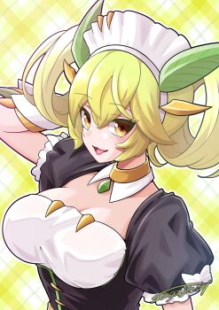 1girl black_dress breasts cleavage dress duel_monster green_hair highres large_breasts maid maid_headdress parlor_dragonmaid sengenjin31 signature solo twintails upper_body yellow_eyes yu-gi-oh!