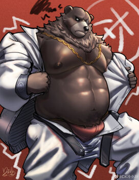 1boy abs absurdres alternate_pectoral_size animal_ears bara bare_pectorals bear_boy bear_ears ben_bigger bulge chain chain_necklace cowboy_shot fat fat_man furry furry_male gloves highres huge_pectorals jewelry leng_xiaoyu male_focus male_underwear muscular muscular_male navel navel_hair necklace nipples open_fly orange_male_underwear pants pectorals scar scar_across_eye scar_on_face shirt squiggle standing stomach strongman_waist thick_navel_hair underwear undressing zenless_zone_zero