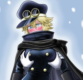 1boy 1girl absurdres bandages bandages_over_mouth black_cape black_dress blonde_hair blue_eyes blush breasts cape dress embarrassed goggles goggles_on_headwear grabbing_another&#039;s_breast groping gunko hat helga highres invisible_man large_breasts mask mouth_mask one_piece short_hair sweater
