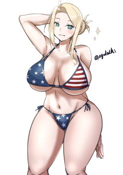 Rule 34 | 1girl, absurdres, agodashi, american flag, american flag bikini, american flag print, bikini, blonde hair, blue eyes, breasts, commentary request, feet out of frame, flag print, flag print bikini, hair bun, highres, kantai collection, large breasts, one-hour drawing challenge, parted lips, print bikini, side-tie bikini bottom, sidelocks, simple background, solo, standing, swimsuit, twitter username, wasp (kancolle), white background