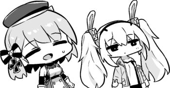 2girls animal_ears armband azur_lane azur_lane:_slow_ahead bare_shoulders beret blush bow breasts cleavage closed_mouth commentary_request cross deformed dot_mouth dress dutch_angle fake_animal_ears gloves greyscale hair_between_eyes hair_bow hairband hand_up hat hat_ribbon hori_(hori_no_su) iron_cross jacket jitome laffey_(azur_lane) long_hair lowres medium_breasts monochrome multiple_girls no_nose off_shoulder official_art open_clothes open_jacket open_mouth rabbit rabbit_ears ribbon short_hair sidelocks simple_background sleeveless sleeveless_dress small_breasts striped_bow sweatdrop twintails upper_body white_background z23_(azur_lane)
