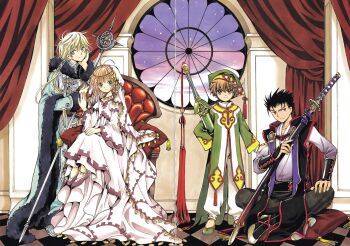 1girl 3boys absurdres black_hair blonde_hair brown_eyes brown_hair chair checkered_floor clamp dress fai_d._flowright hand_on_own_face head_on_hand head_rest highres holding holding_sword holding_weapon indoors jian_(weapon) katana kurogane_(tsubasa_chronicle) multiple_boys round_window sakura_hime short_hair sitting staff standing sword tsubasa_chronicle weapon window xiaolang