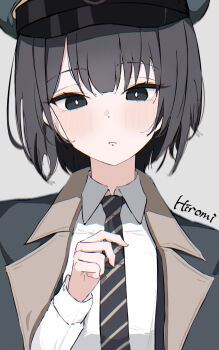 1girl absurdres adjusting_clothes adjusting_necktie black_eyes black_hair black_necktie blue_archive blush character_name closed_mouth coat collared_shirt commentary_request diagonal-striped_clothes diagonal-striped_necktie frown grey_background grey_coat grey_hat hat highres hiromi_(blue_archive) looking_down necktie opuricheri shirt short_hair simple_background solo striped_clothes white_shirt