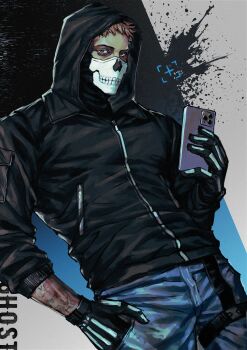 Rule 34 | 1boy, absurdres, alternate costume, arm tattoo, arm up, black jacket, black shirt, blonde hair, blue pants, brown eyes, call of duty, call of duty: modern warfare 2, cellphone, cowboy shot, dutch angle, ghost (modern warfare 2), gloves, highres, holding, holding phone, holster, hood, hood up, hooded jacket, jacket, looking at viewer, male focus, mask, pants, phone, print gloves, shirt, short hair, skull mask, solo, tattoo, thigh holster, turtleneck, z71060671, zipper