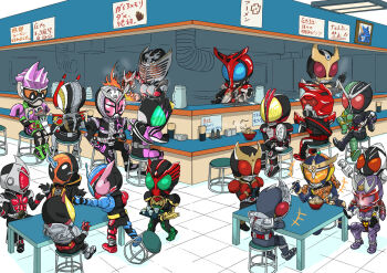 Rule 34 | 2019, armor, arms up, bar stool, barcode, bat (animal), belt, bird, black armor, black eyes, blue armor, blue eyes, bowl, bug, carrying, carrying tray, chain, chair, chopsticks, cloak, clock hands, coat, controller, cooking, crossed legs, cup, diner, dragon, facing viewer, falling, finger up, fire, food, fruit, frying pan, game controller, ghost, grasshopper, green armor, green eyes, hand fan, hawk, helmet, horns, insect, jacket, japanese text, jewelry, jug, kamen rider, kamen rider 555, kamen rider agito, kamen rider agito (series), kamen rider blade, kamen rider blade (series), kamen rider build, kamen rider build (series), kamen rider dcd, kamen rider decade, kamen rider den-o, kamen rider den-o (series), kamen rider double, kamen rider drive, kamen rider drive (series), kamen rider ex-aid, kamen rider ex-aid (series), kamen rider faiz, kamen rider fourze, kamen rider fourze (series), kamen rider gaim, kamen rider gaim (series), kamen rider ghost, kamen rider ghost (series), kamen rider hibiki, kamen rider hibiki (series), kamen rider kabuto, kamen rider kabuto (series), kamen rider kiva, kamen rider kiva (series), kamen rider kuuga, kamen rider kuuga (series), kamen rider ooo, kamen rider ooo (series), kamen rider ryuki, kamen rider ryuki (series), kamen rider w, kamen rider wizard, kamen rider wizard (series), kamen rider zi-o, kamen rider zi-o (series), kitchen, ladle, leaning back, lifting person, male focus, mask, masked, masked male, military vehicle, motor vehicle, multiple boys, noodles, on shoulder, on stool, oni, orange (fruit), orange armor, orange eyes, peach, pink armor, pink eyes, pink hair, rabbit, ramen, red armor, red eyes, rhinoceros beetle, ring, rocket, shoulder carry, shrugging, sign, sitting on stool, spade (shape), spoiler (automobile), spoon, squatting, stool, table, talking, tank, tiger, tiled floor, tray, two-tone armor, vampire, visor (armor), walking, watch, wheel, wristwatch, yellow armor