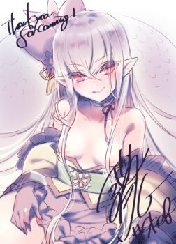 Rule 34 | 1girl, blush, breasts, fang, gloves, hair ornament, japanese clothes, kimono, long hair, long pointy ears, nipples, pointy ears, purple hair, red eyes, saitou dousan (sengoku bushouki muramasa), saitou dousan (sengoku bushouki muramasa), sanom, sengoku bushouki muramasa, signature, sketch, smile, snake, solo