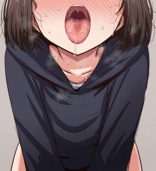 1girl absurdres all_fours black_hoodie blush brown_hair full-face_blush grey_background head_out_of_frame highres hood hood_down hoodie huge_filesize mame_rakko medium_hair mouth_focus open_mouth oral_invitation original sexually_suggestive simple_background solo sweat tongue tongue_out uvula