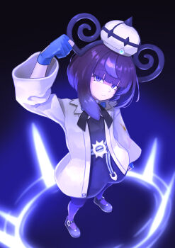 1girl absurdres arm_up black_dress blue_gloves blunt_bangs closed_mouth coat commentary_request dress full_body ganze_382 gloves glowing gwynn_(pokemon) hat head_tilt highres long_sleeves looking_up medium_hair neck_ribbon nintendo open_clothes open_coat pantyhose partially_fingerless_gloves pokemon pokemon_legends:_z-a purple_pantyhose ribbon shoes solo standing white_coat