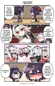 4girls :3 @_@ absurdres aether_gazer bikini black_hair blue_eyes blue_hairband blush braid breasts buzenbo_tengu censored character_request copyright_name copyright_notice donmin_h english_text grey_hair hairband heterochromia highres holding holding_mirror holding_phone kneeling mirror mosaic_censoring multiple_girls open_mouth phone purple_hair red_eyes speech_bubble sweat swimsuit tatami unworn_bikini