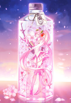 1girl absurdly_long_hair absurdres boots bottle cherry_blossoms cherry_hair_ornament closed_eyes closed_mouth collarbone collared_shirt commentary_request detached_sleeves falling_petals flower food-themed_hair_ornament full_body hair_between_eyes hair_ornament hatsune_miku headset herbarium highres in_bottle in_container kabuto_(kabuto17101) long_hair long_sleeves necktie petals pink_flower pink_hair pink_necktie pink_petals pink_skirt pink_trim sakura_miku shirt skirt sleeveless sleeveless_shirt smile solo standing thick_thighs thigh_boots thighhighs thighs twintails very_long_hair vocaloid white_background wide_sleeves zettai_ryouiki