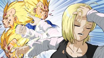 1boy 1girl absurdres adjusting_hair android_18 black_shirt bleeding blonde_hair blood breasts closed_eyes collarbone commentary dragon_ball dragonball_z earrings english_commentary facing_away fighting fingernails goketerhc green_eyes hand_in_own_hair highres jewelry large_breasts long_sleeves meme motion_lines multiple_views muscular naoya_hitting_choso_without_looking_(meme) open_mouth punching rapid_punches scene_reference shirt short_hair slapping smear_frame speed_lines spiked_hair striped_sleeves super_saiyan super_saiyan_1 tank_top upper_body v-shaped_eyebrows vegeta