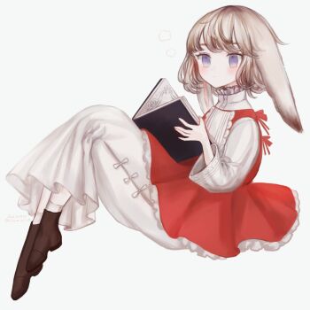 1girl animal_ears black_boots blush book boots center_frills closed_mouth commentary_request dated dress frilled_dress frilled_shirt_collar frills from_side full_body grey_hair holding holding_book limo_nine long_dress looking_at_viewer original purple_eyes rabbit_ears rabbit_girl red_dress short_hair signature simple_background sitting socks solo white_background white_dress white_socks