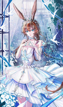 1girl absurdres alternate_costume alternate_hairstyle amiya_(arknights) animal_ear_fluff animal_ears arknights bare_shoulders bird blue_eyes braid choker collarbone cowboy_shot crown dress elbow_gloves extra_ears flower frilled_dress frills gloves hair_between_eyes halter_dress halterneck highres jewelry layered_dress light_particles long_hair looking_at_viewer minuolin multiple_rings own_hands_together parted_lips rabbit_ears ring single_braid sleeveless sleeveless_dress smile solo very_long_hair white_choker white_dress white_flower white_gloves