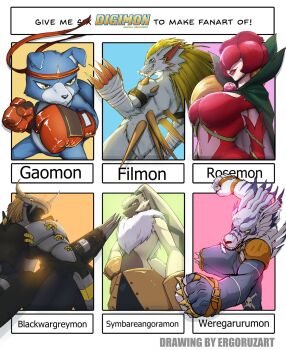 Rule 34 | armor, bandages, bandana, blackwargreymon, blonde hair, breasts, cape, covered eyes, digimon, digimon (creature), ergoruzarts, filmon, flower, gaomon, highres, looking at viewer, mask, petals, rosemon, smile, spikes, symbareangoramon, thorns, weregarurumon, werewolf