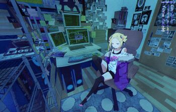 1girl bedroom blonde_hair bookshelf capella_emerada_lugnica carpet chair computer computer_keyboard computer_mouse computer_tower cosplay crossover door feet fur_trim gaming_chair hair_ornament headphones highres jacket manga_(object) monitor mulitcoloured_hair office_chair orange_hair persona persona_5 pink_eyes re:zero_kara_hajimeru_isekai_seikatsu room sakura_futaba sakura_futaba_(cosplay) shirt shorts sticky_note swivel_chair thighhighs tongue variant_set x-ray yumekaleid
