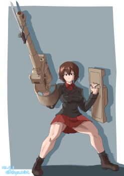 Rule 34 | 1girl, absurdres, ankle boots, black boots, black jacket, black socks, boots, brown eyes, brown hair, closed mouth, commentary, dated, dress shirt, drops mint, frown, girls und panzer, glaring, grey background, gunlance, highres, holding, holding shield, holding weapon, jacket, kuromorimine military uniform, long sleeves, looking at viewer, military uniform, miniskirt, muscular, muscular female, nishizumi maho, pleated skirt, red shirt, red skirt, shadow, shield, shirt, short hair, simple background, skirt, socks, solo, standing, twitter username, weapon, wing collar