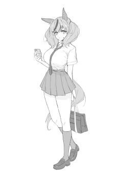 1girl alternate_breast_size_(larger) alternate_costume animal_ears bag breasts brown_hair commentary_request ear_covers full_body greyscale highres holding holding_bag holding_phone horse_ears horse_girl horse_tail kneehighs large_breasts miniskirt monochrome multicolored_hair necktie nice_nature_(umamusume) phone pleated_skirt school_bag school_uniform shoes short_sleeves skirt socks solo tail takapachi.jp two-tone_hair umamusume